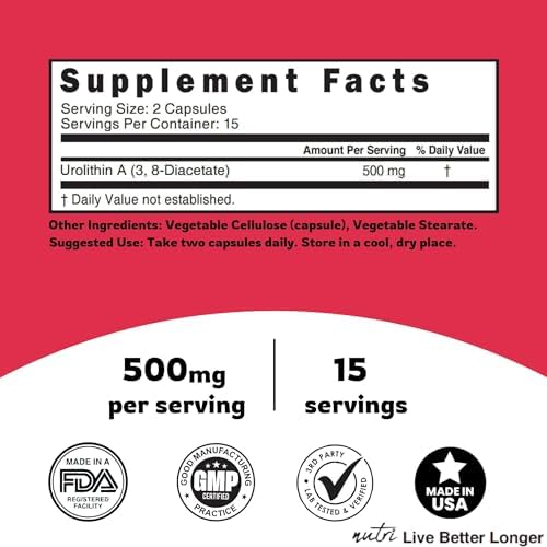 Nature's Fusions Urolithin A Diacetate 500mg capsules with ingredients list