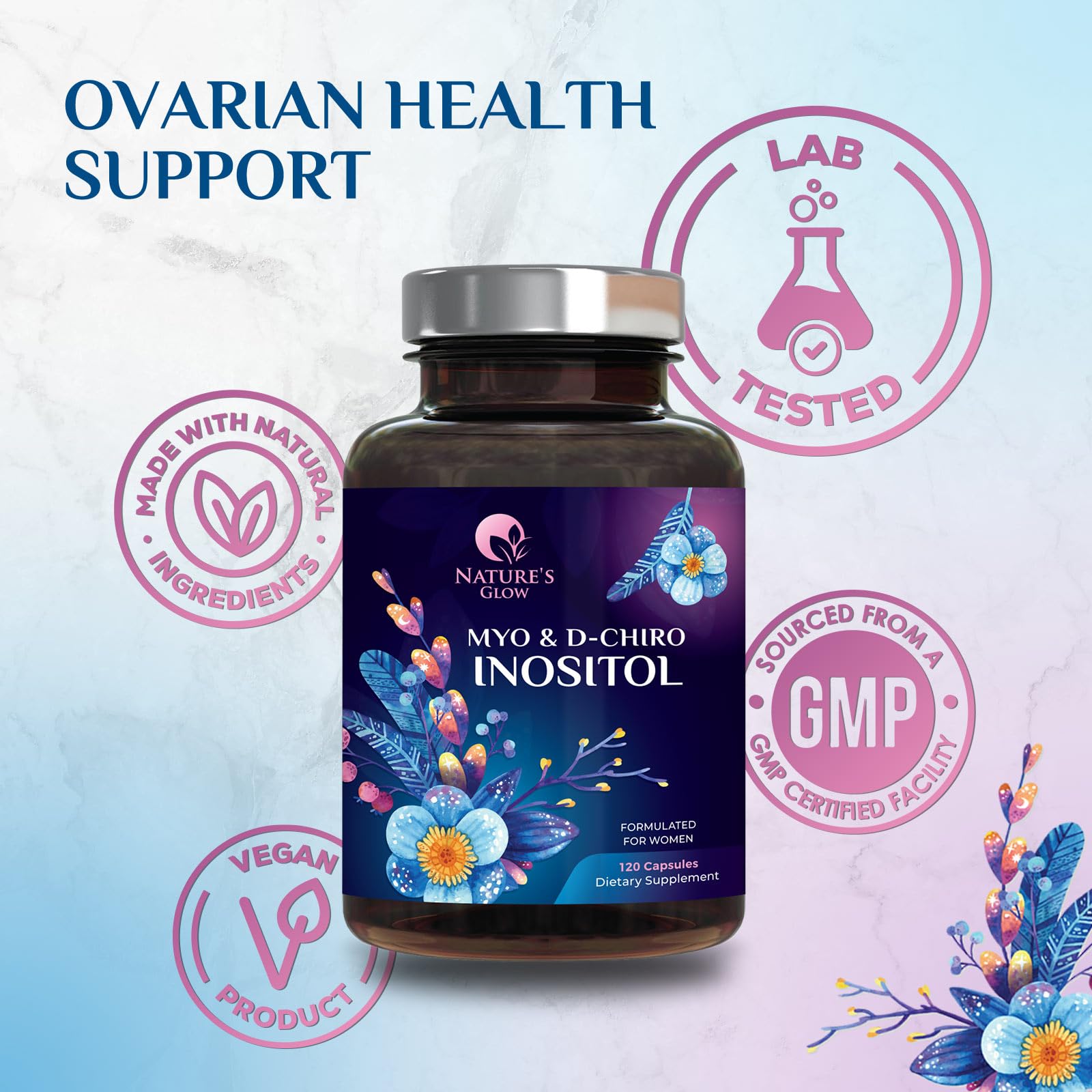 Nature's Glow Inositol Supplement 40:1 Ratio 1000mg capsule back view
