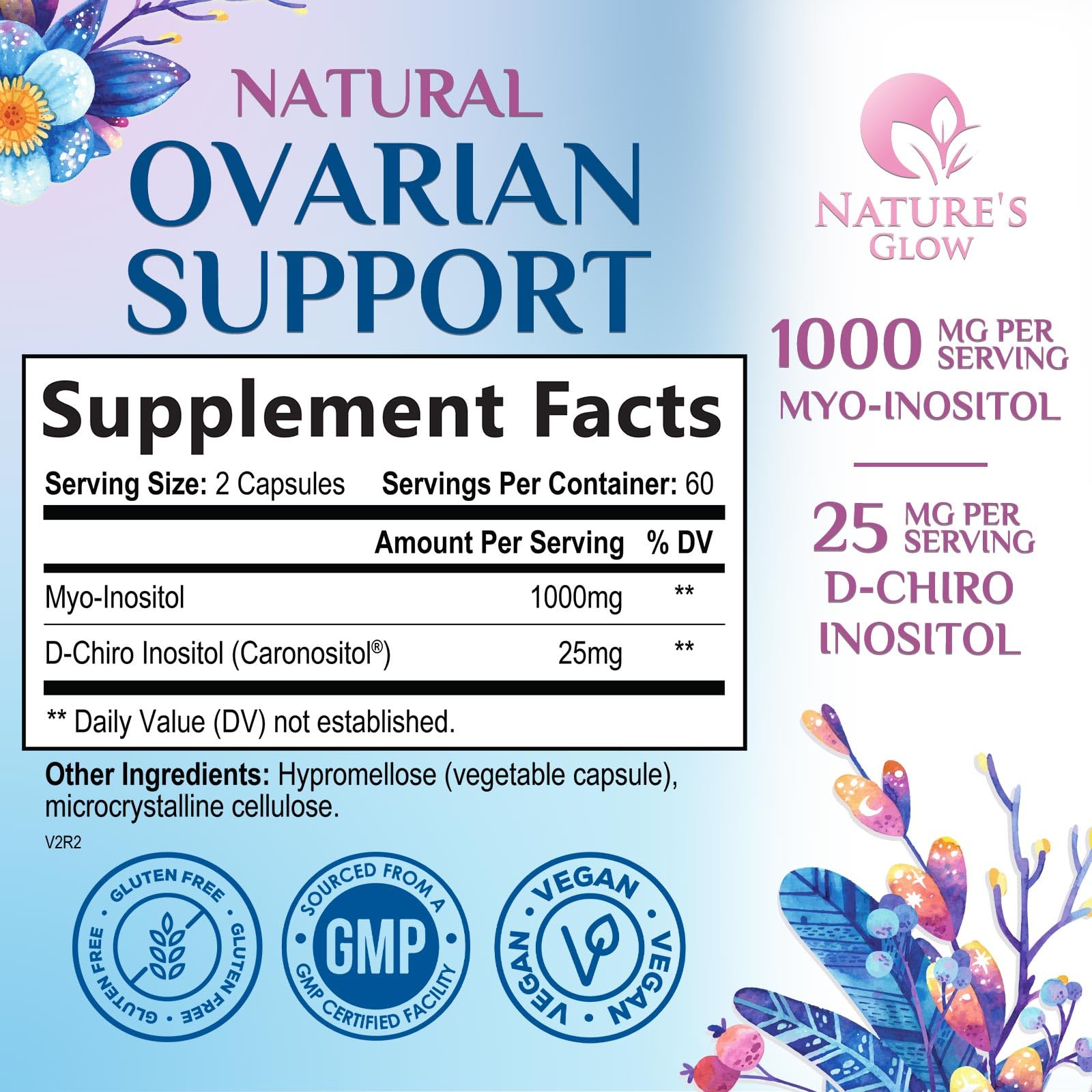 Nature's Glow Inositol Supplement 40:1 Ratio 1000mg capsule packaging
