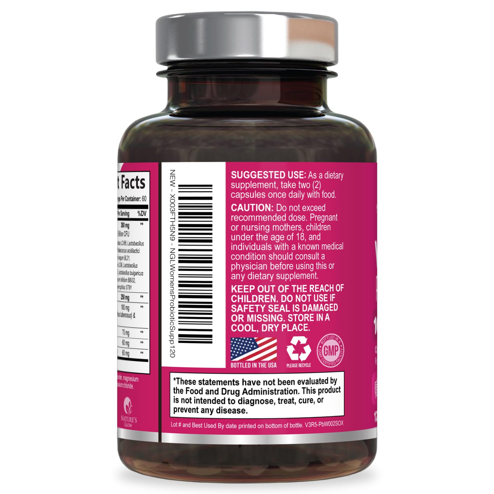 Nature's Glow Women's Probiotic back label with details