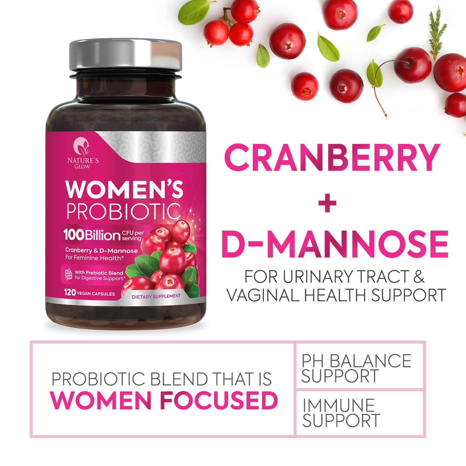 Nature's Glow Women's Probiotic side view of bottle