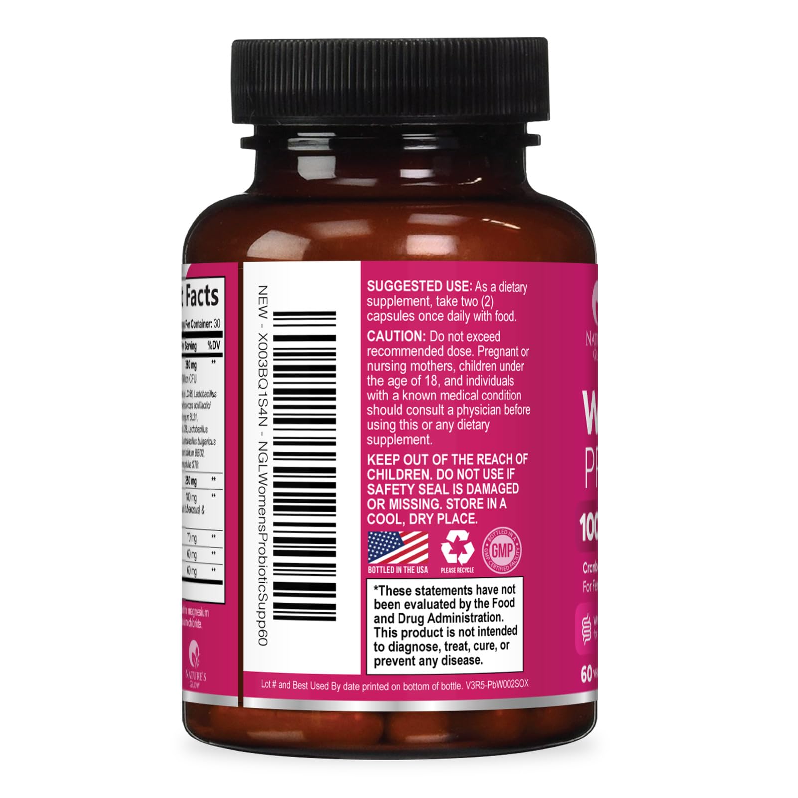 Nature's Glow Women's Probiotics 100 Billion CFU capsules on a kitchen counter