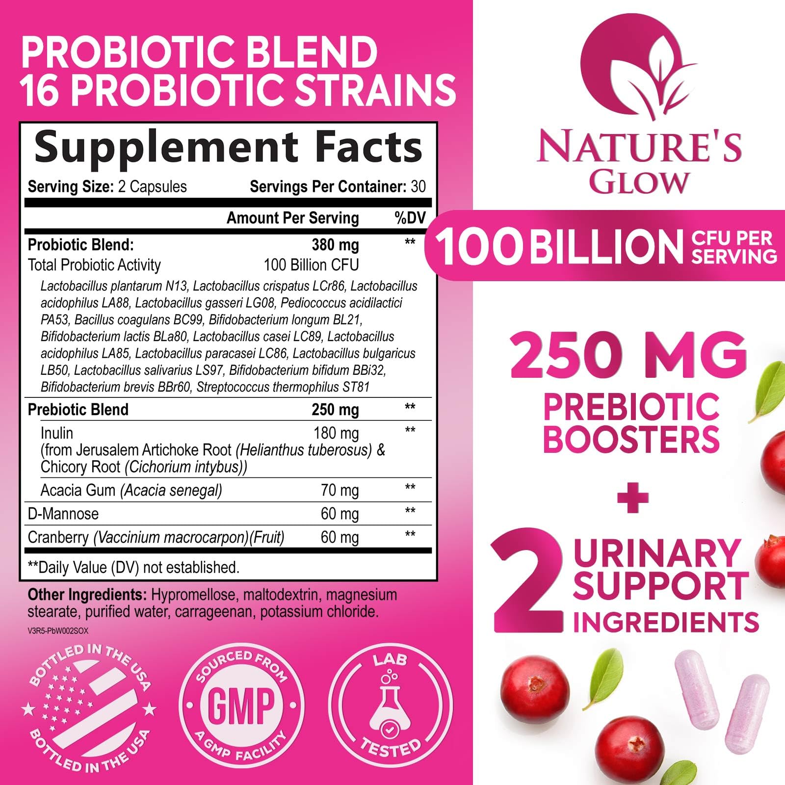 Nature's Glow Women's Probiotics 100 Billion CFU capsules on a wooden table