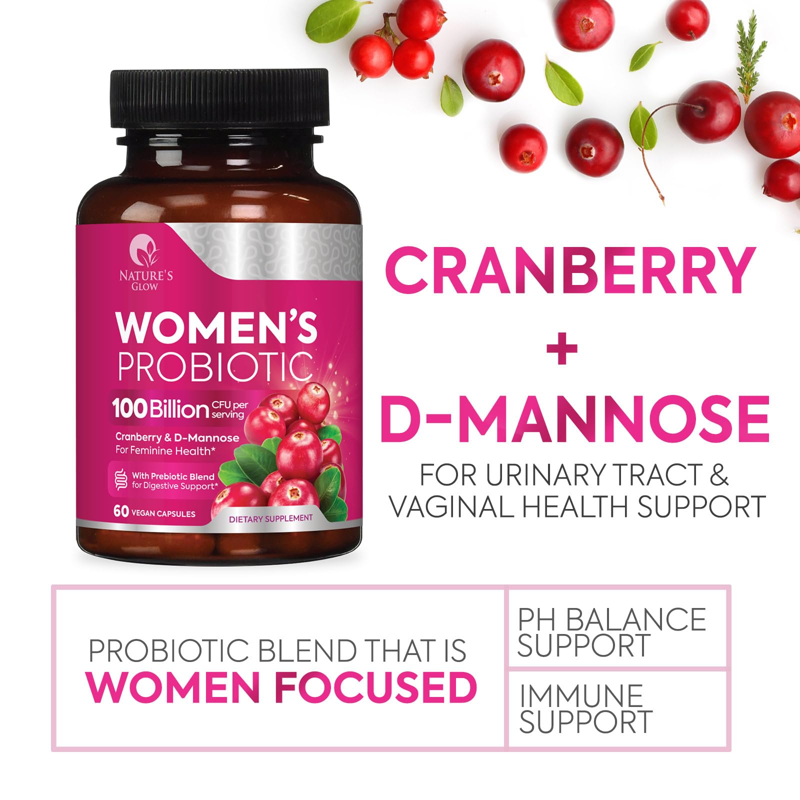 Nature's Glow Women's Probiotics capsules with a measuring spoon