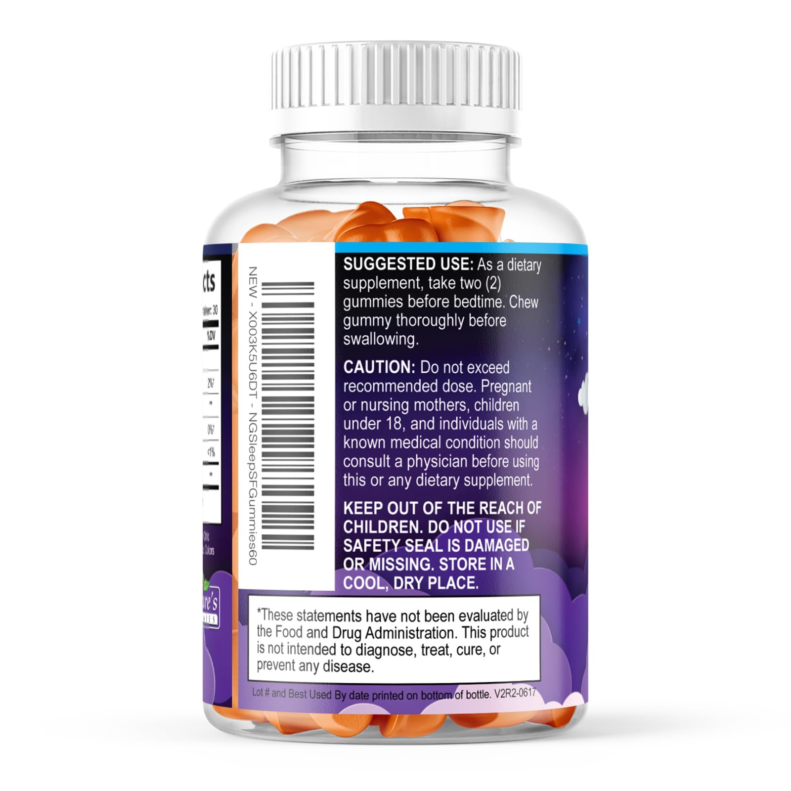 Nature's Gummies Sleep Gummies 60 Count back view with safety seal