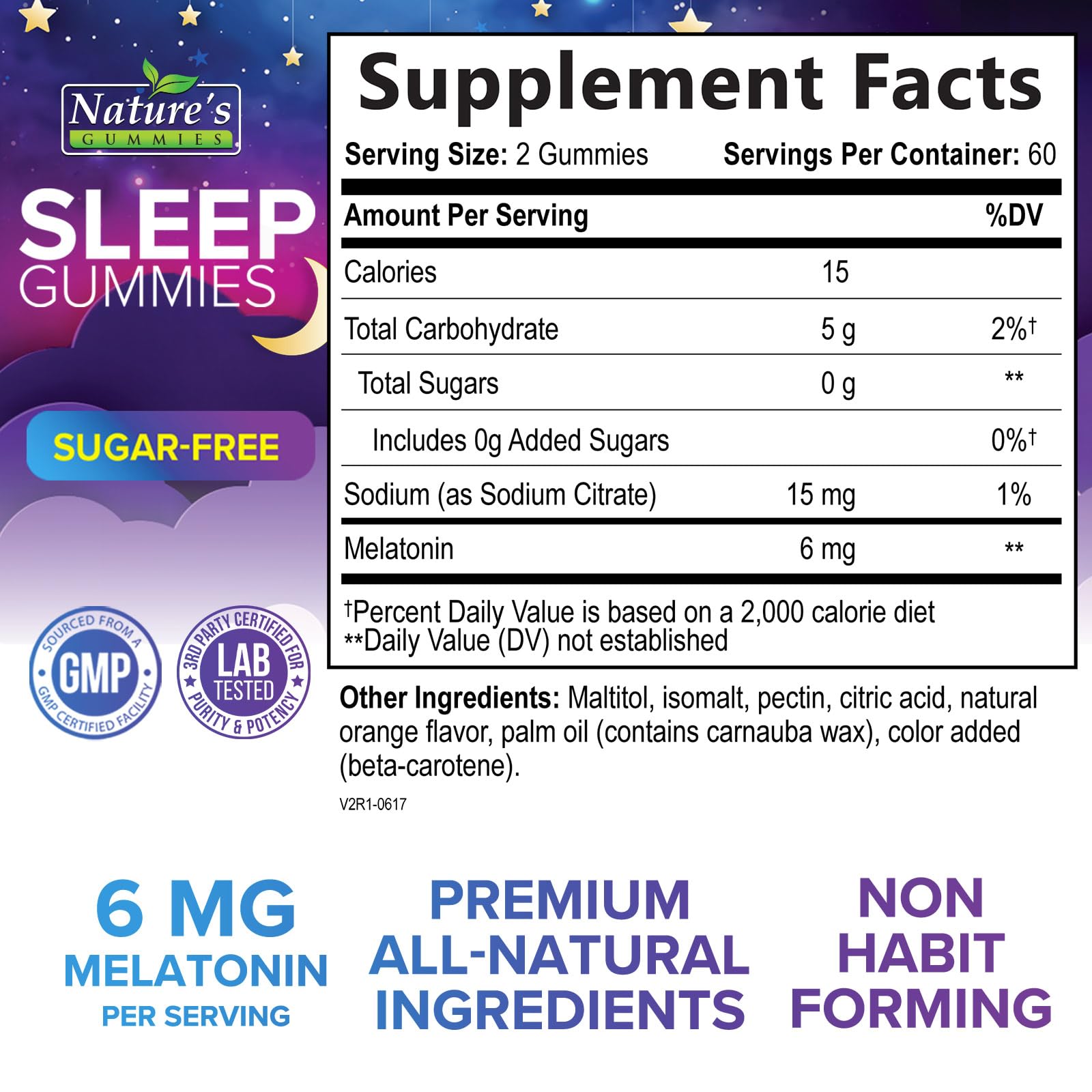 Nature's Gummies Sleep Gummies 6mg Melatonin side view showing ingredients