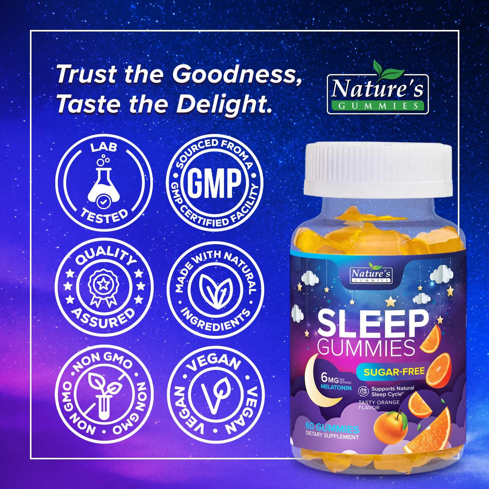 Nature's Gummies Sleep Gummies displayed with a few gummies scattered