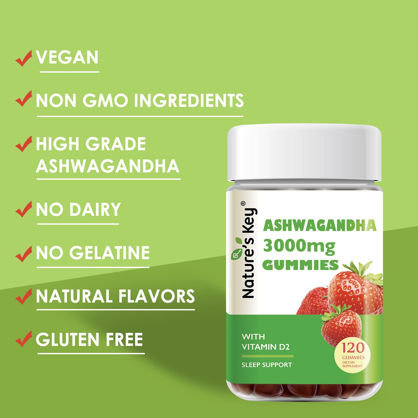 Nature's Key Ashwagandha Gummies displayed with fresh ingredients