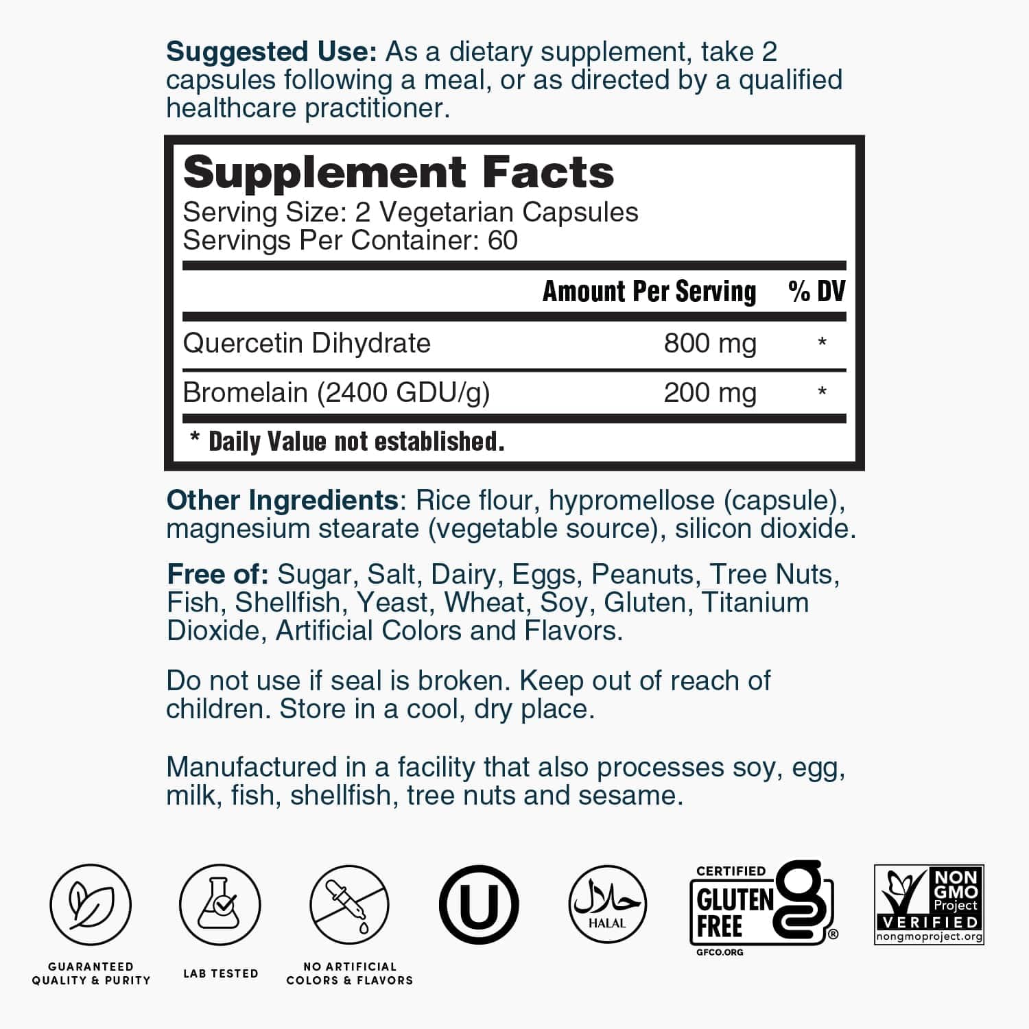 Nature's Lab Bromelain Enzyme with Quercetin ingredients list
