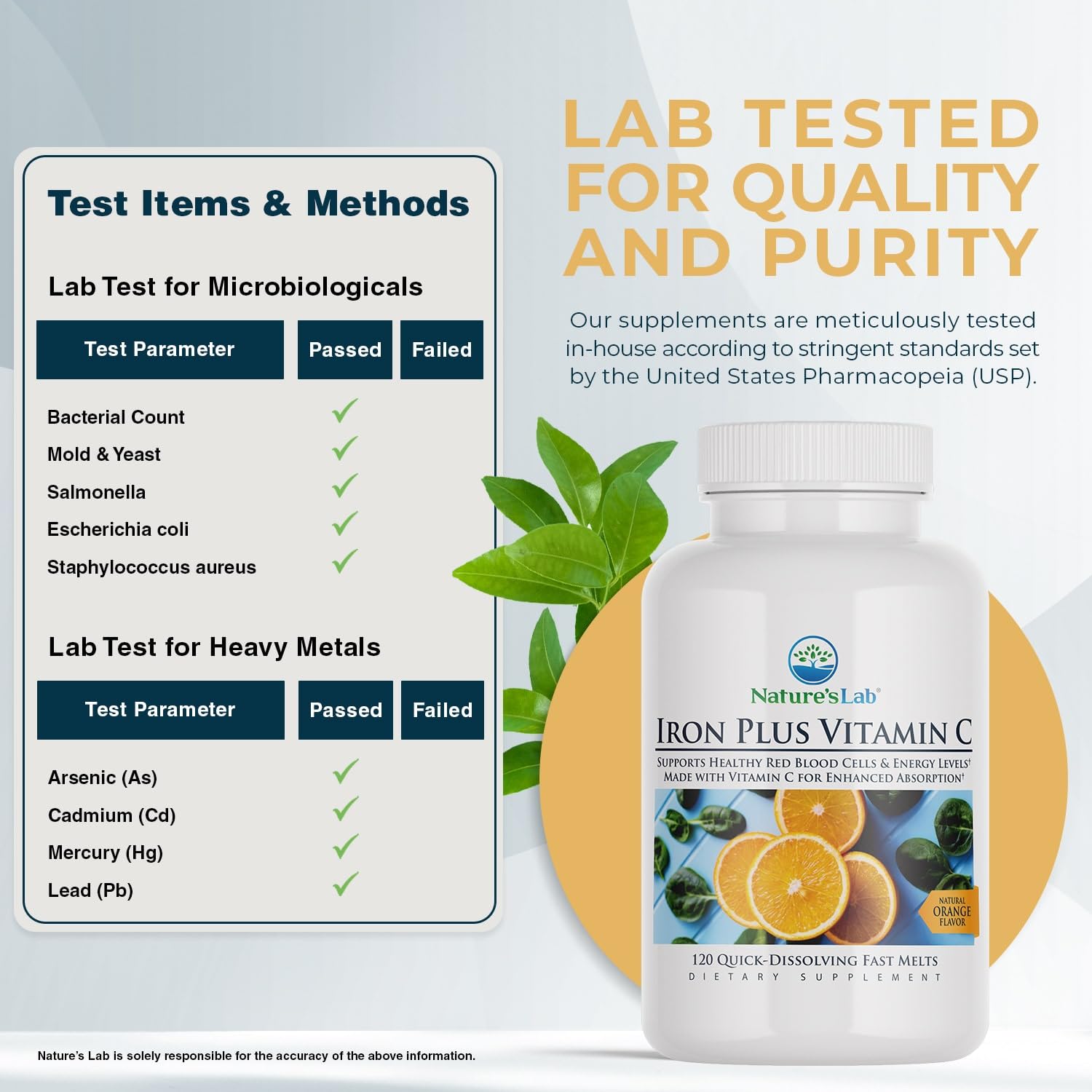 Nature's Lab Iron Fast Melt Tablets back view with ingredient list