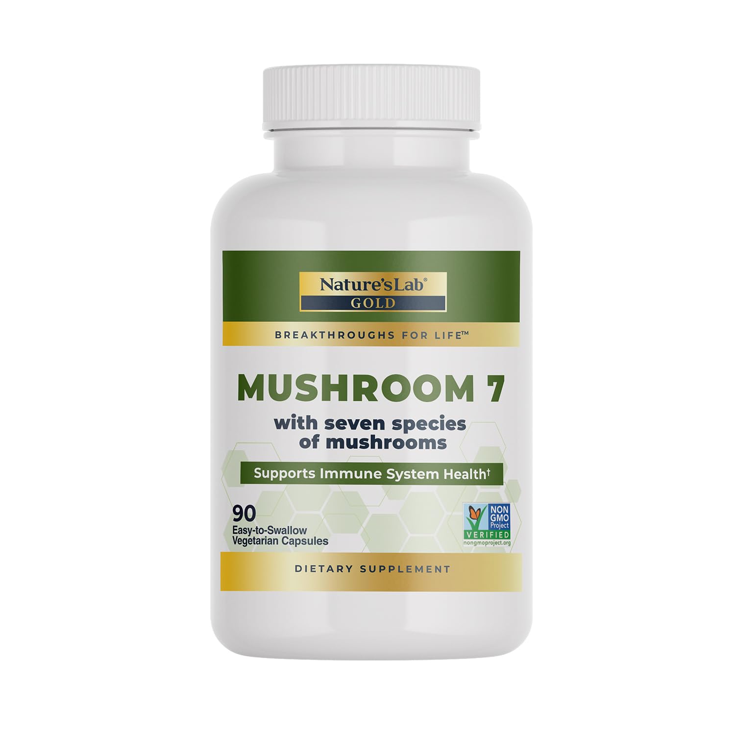 Nature's Lab Mushroom 7 Supplement front view with capsule bottle
