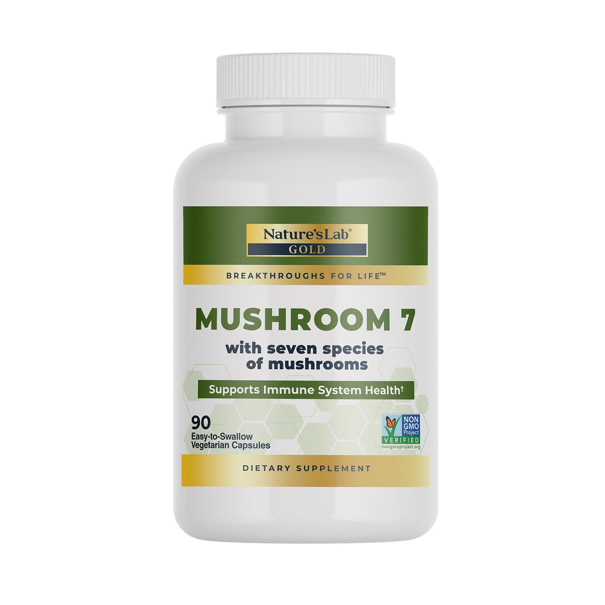 Nature's Lab Mushroom 7 Supplement front view with capsule bottle