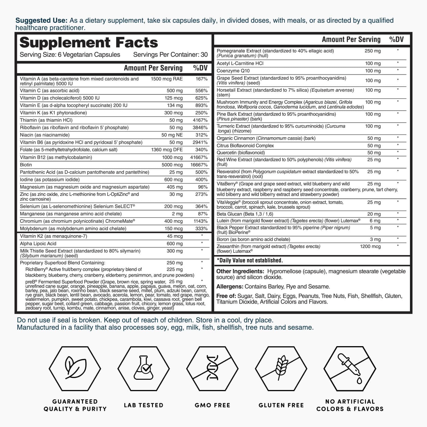 Nature's Lab Six Daily Advanced Multivitamin 90 Capsules back view