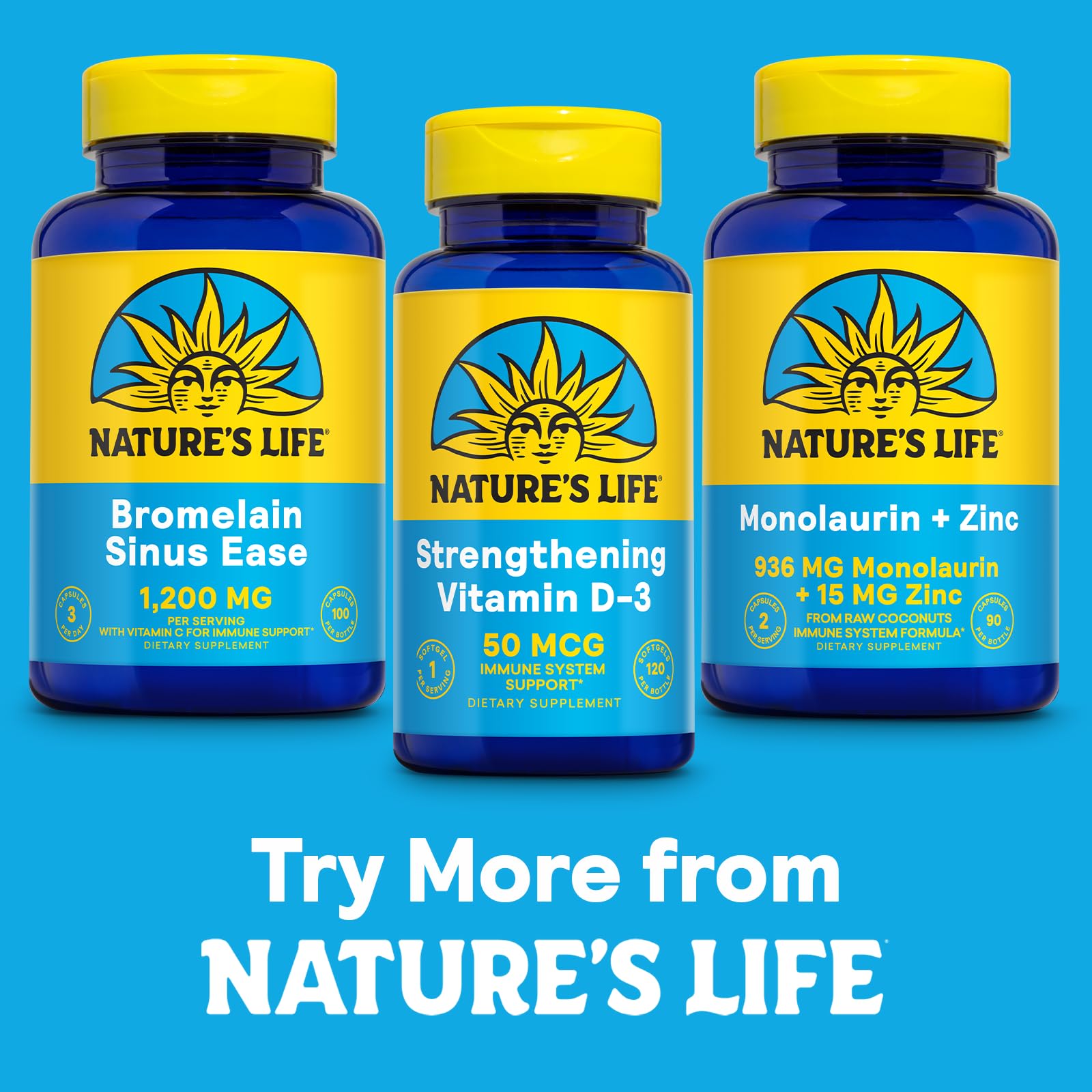 Nature's Life Bromelain Sinus Ease 490mg capsules on a wooden table