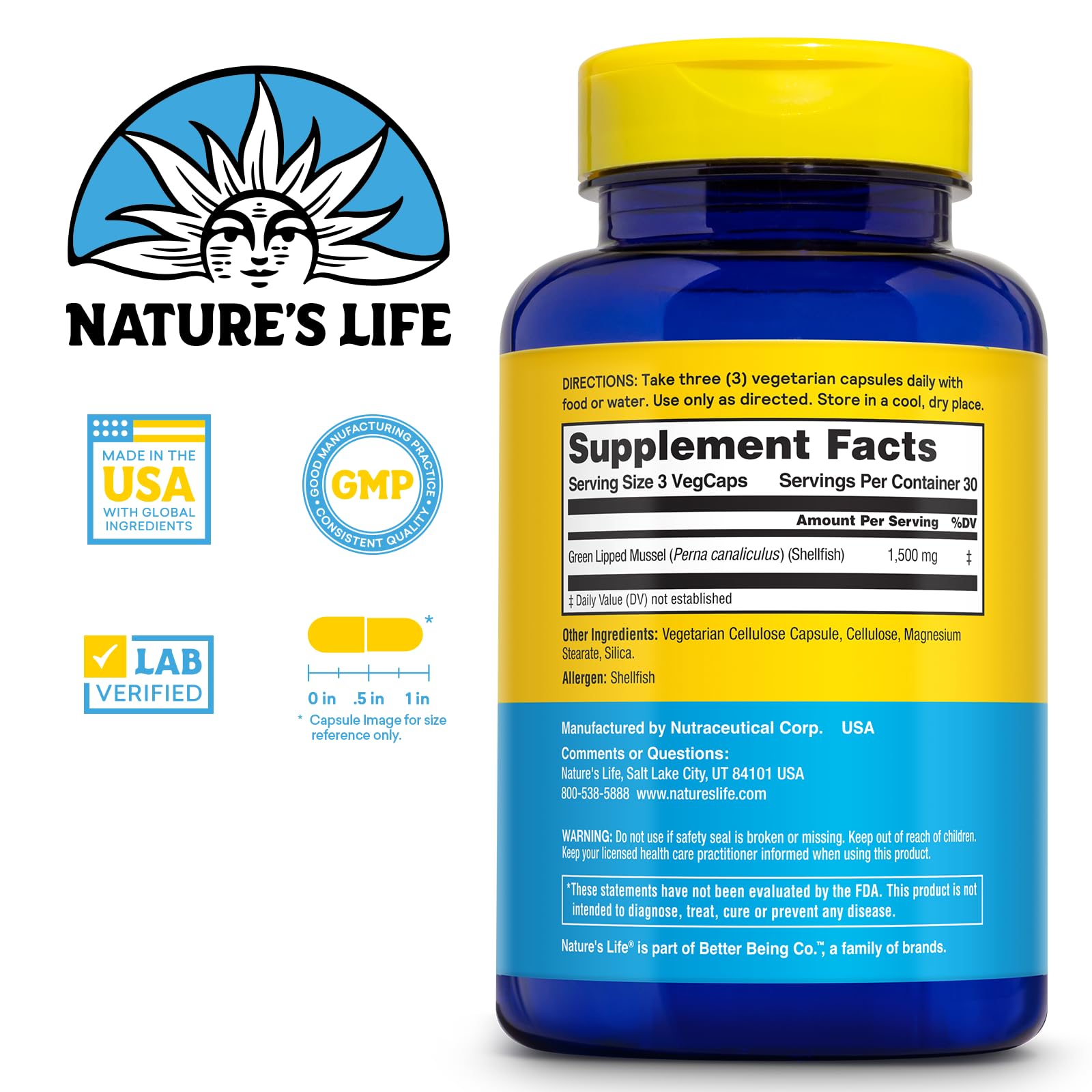 Nature's Life Green Lipped Mussel Capsules 1500mg side view