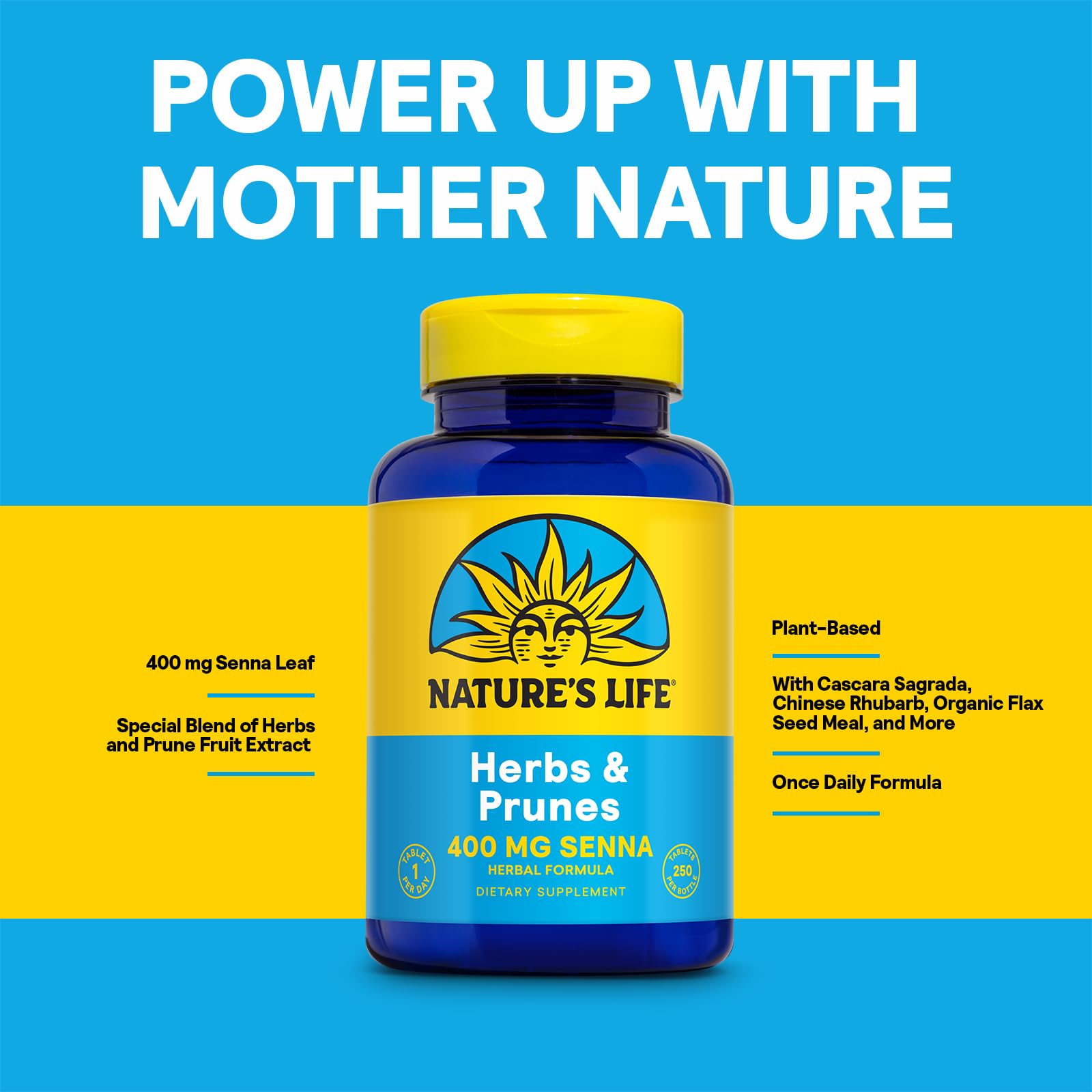 Nature's Life Herbs & Prunes supplement bottle with cap open