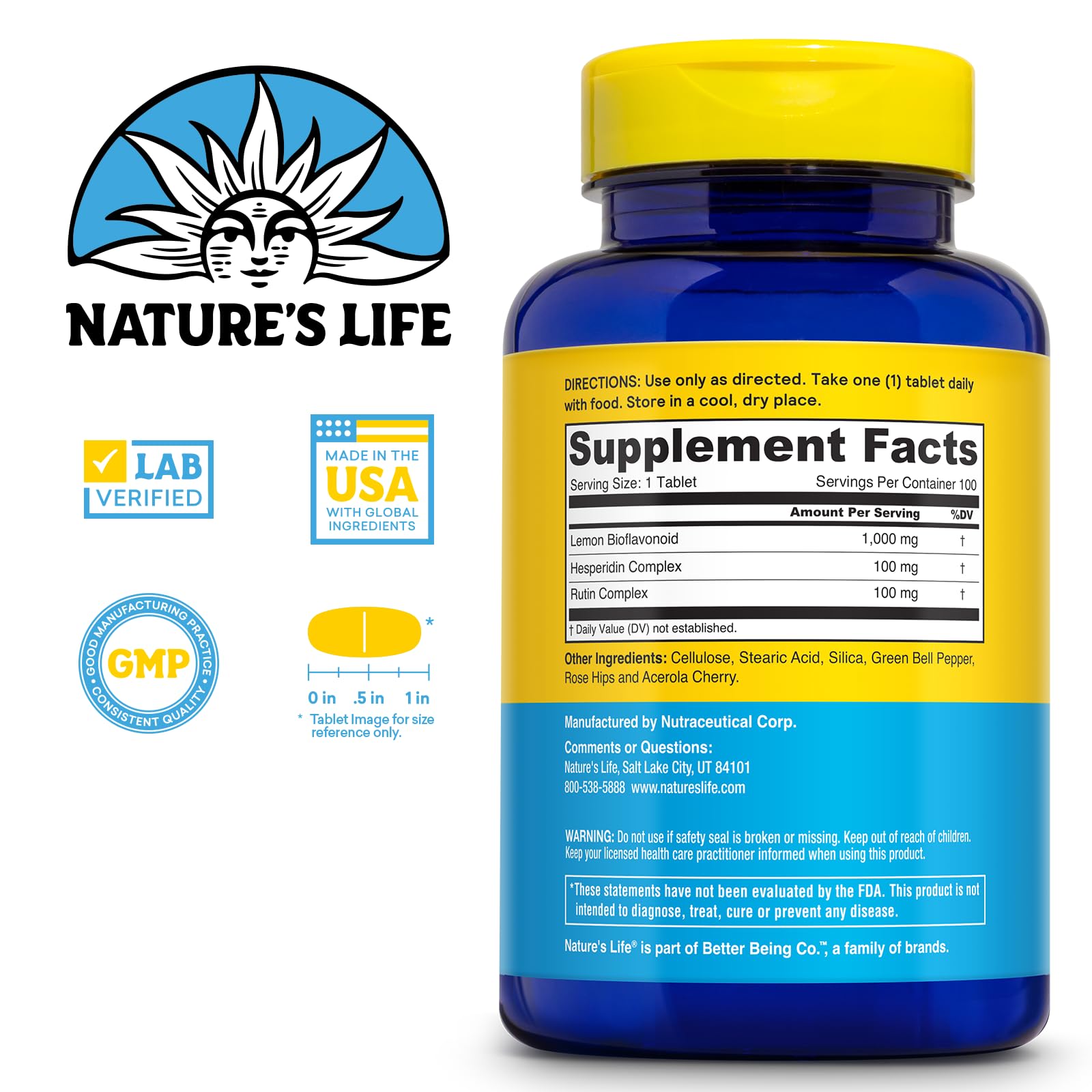 Nature's Life Lemon Bioflavonoids 1000mg supplement side view