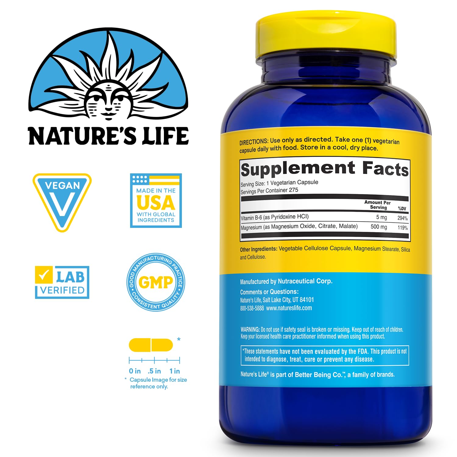 Nature's Life Magnesium 500mg supplement side view with label