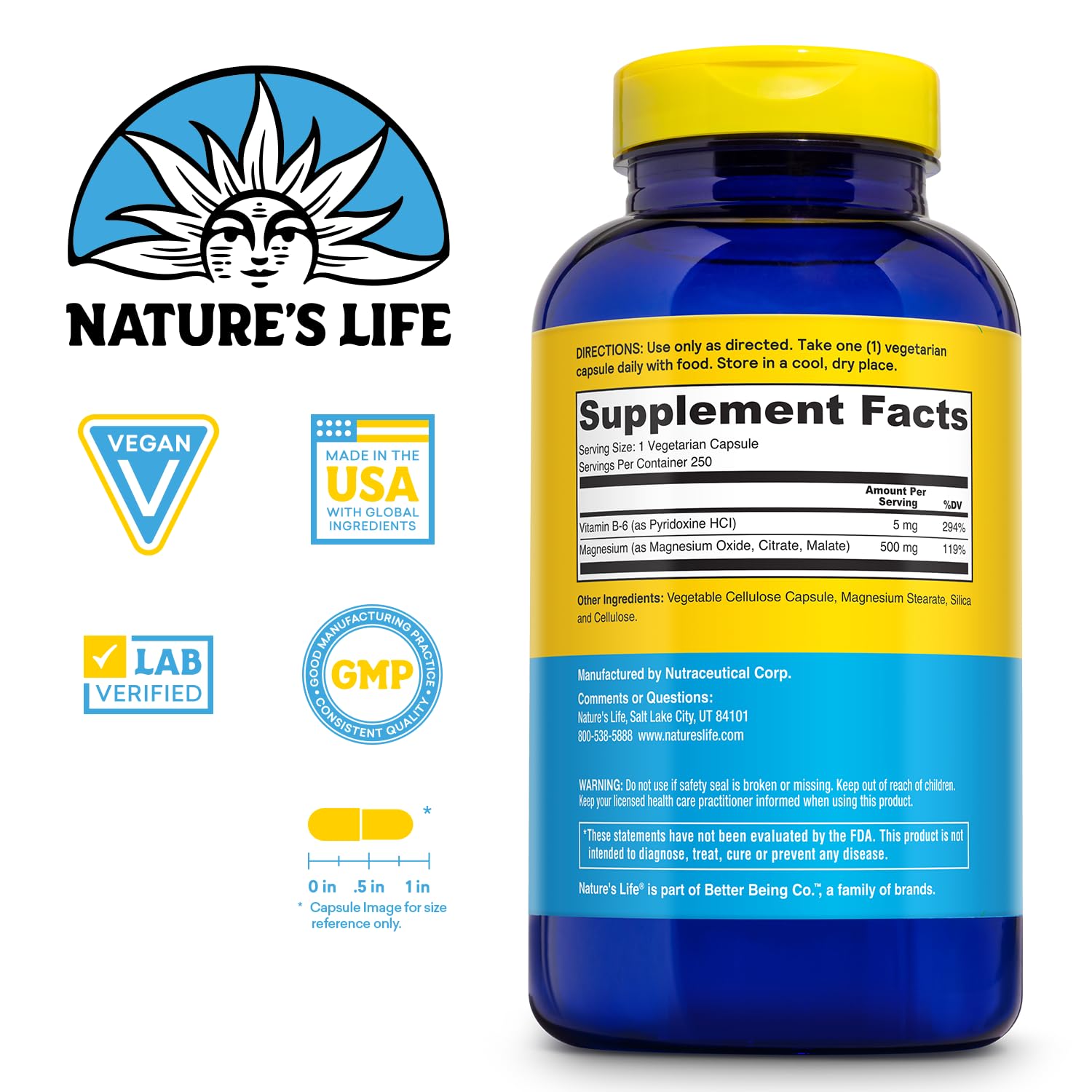 Nature's Life Magnesium 500mg vegetarian capsules side view