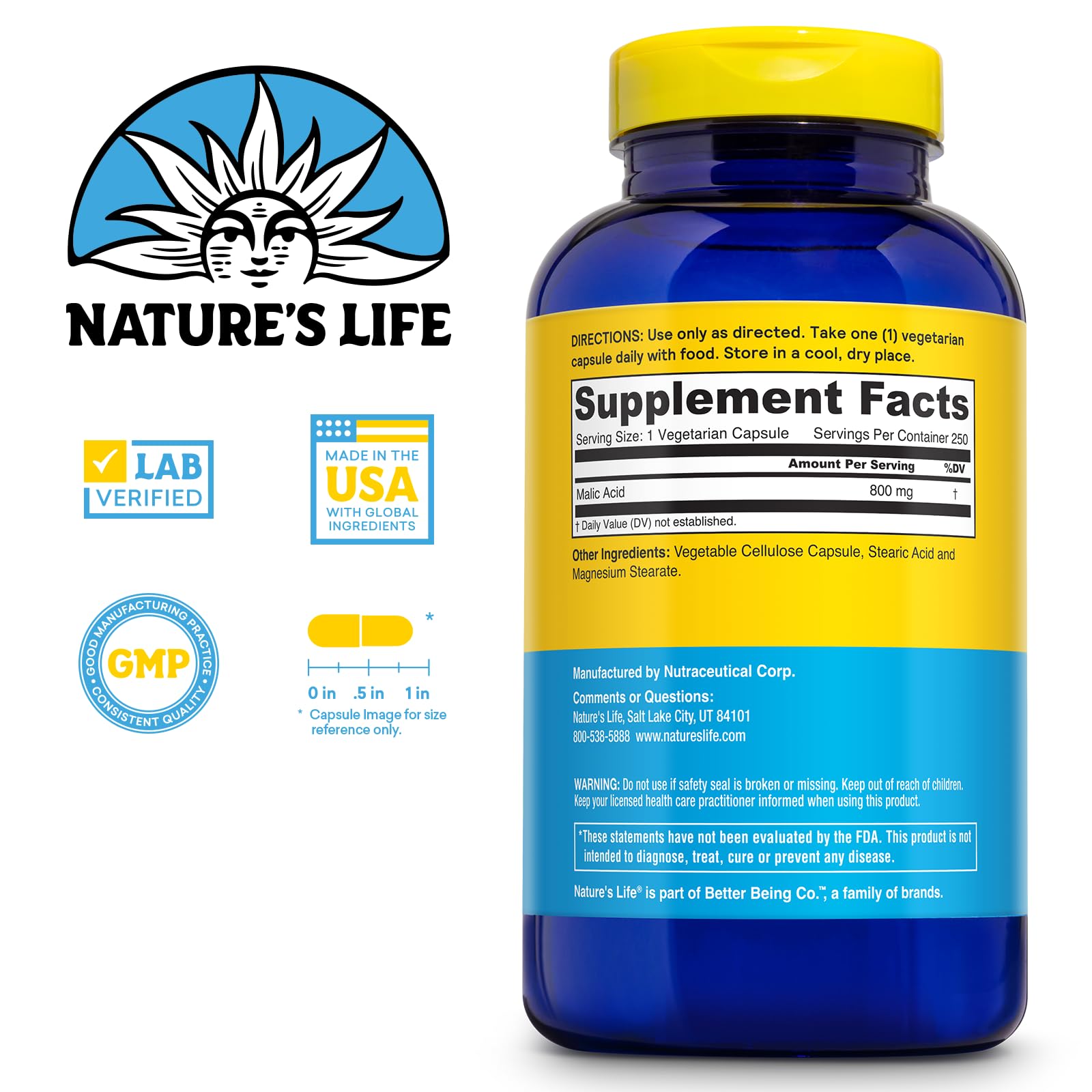Nature's Life Malic Acid 800mg Multimineral Supplement side view