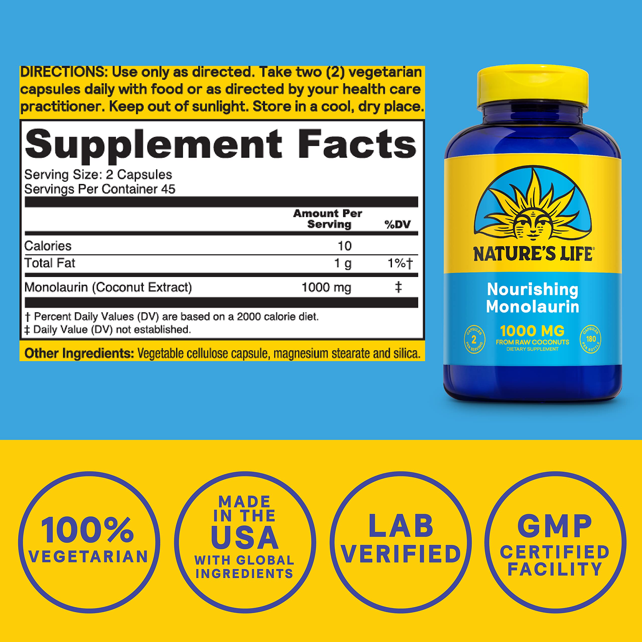 Nature's Life Monolaurin 1000mg Capsules side view