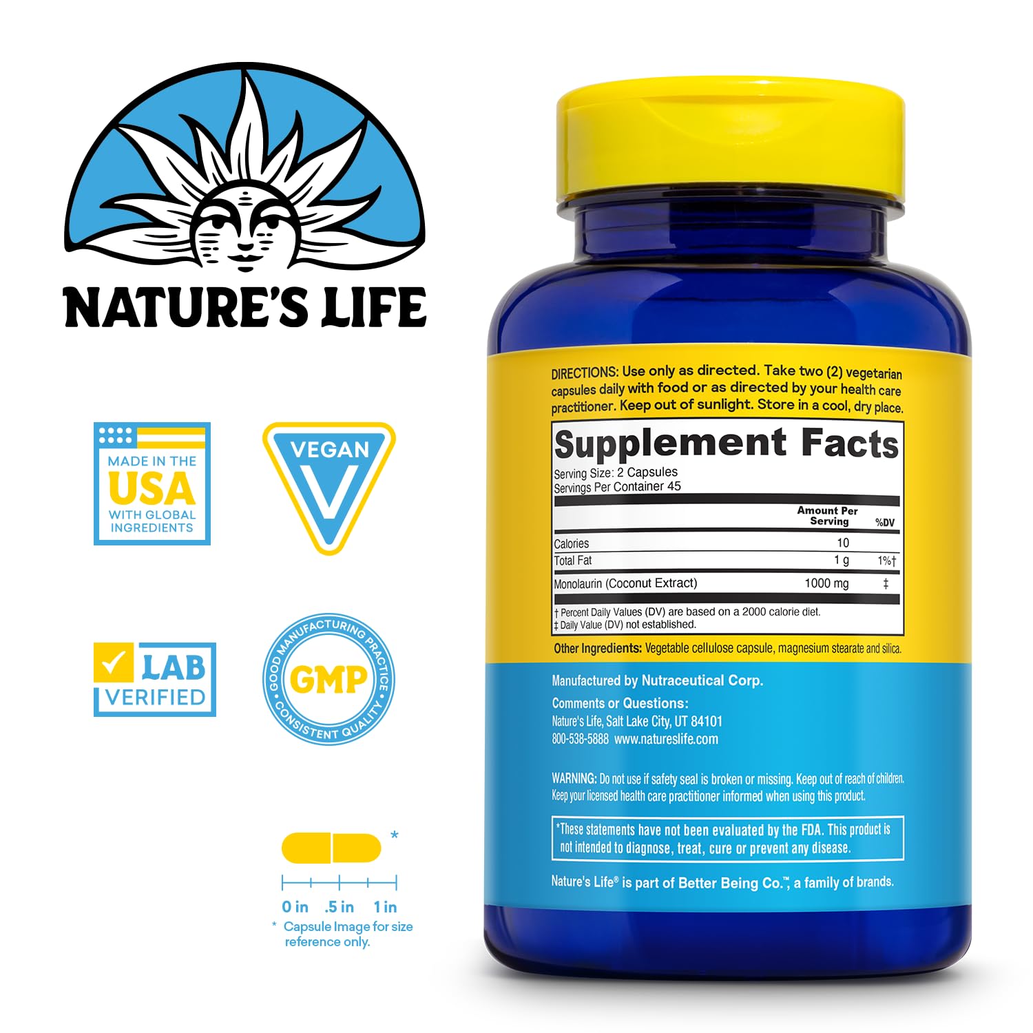 Nature's Life Monolaurin 1000mg supplement side view