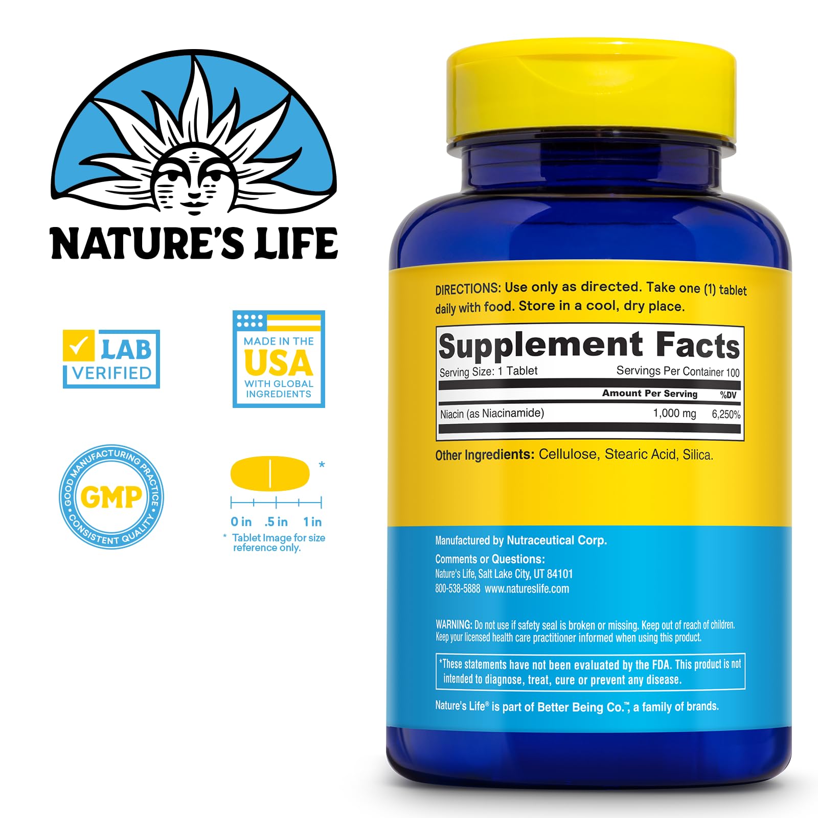Nature's Life Niacinamide Vitamin B3 100 Tablets side view