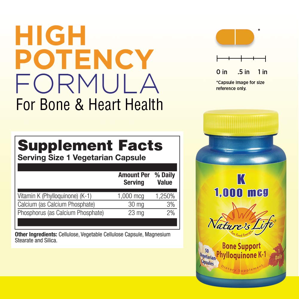 Nature's Life Vitamin K1 1000mcg vegetarian capsules side view
