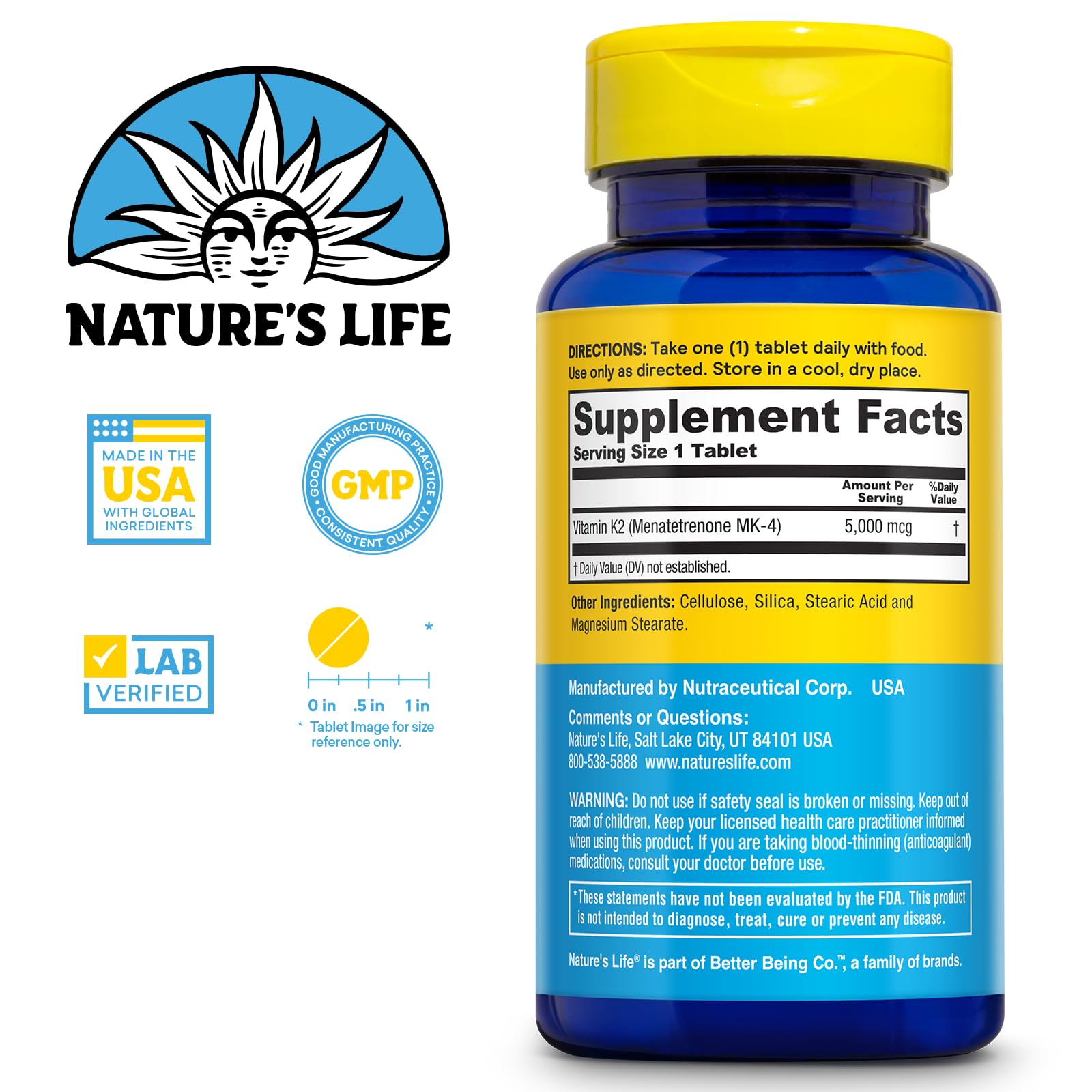 Nature's Life Vitamin K2 Menatetrenone MK4 5000 mcg supplement side view
