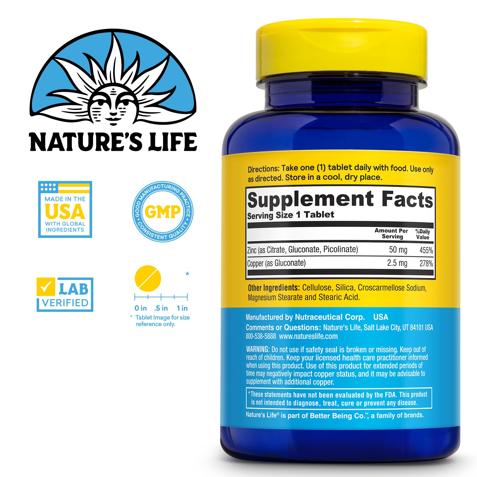 Nature's Life Zinc Copper Supplement side view with label