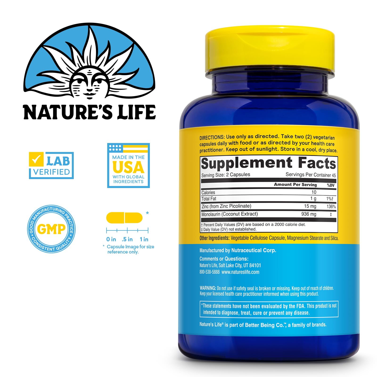 Nature's Life Zinc Picolinate & Monolaurin Capsules packaging