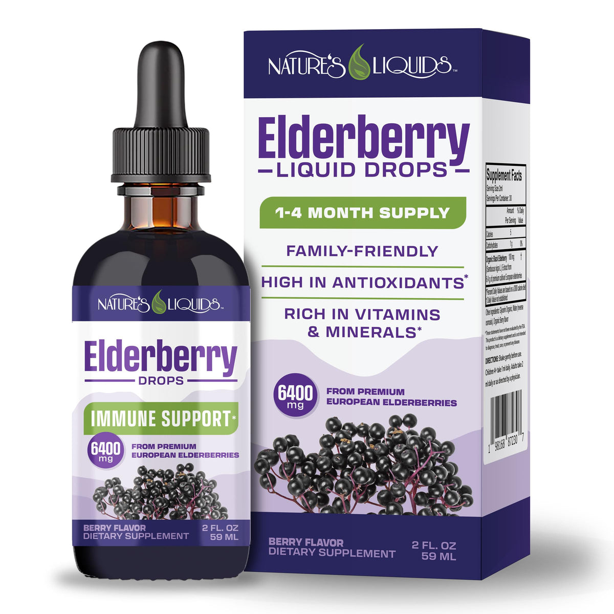 Nature's Liquids Elderberry Drops front view with packaging
