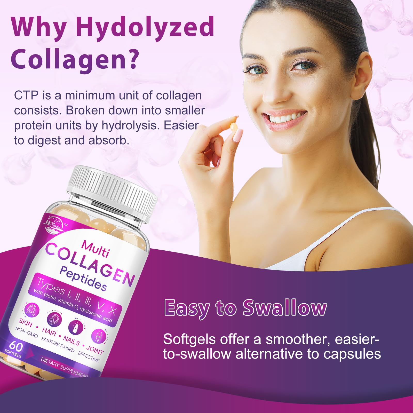 Nature's live Collagen Softgels back view with ingredient list