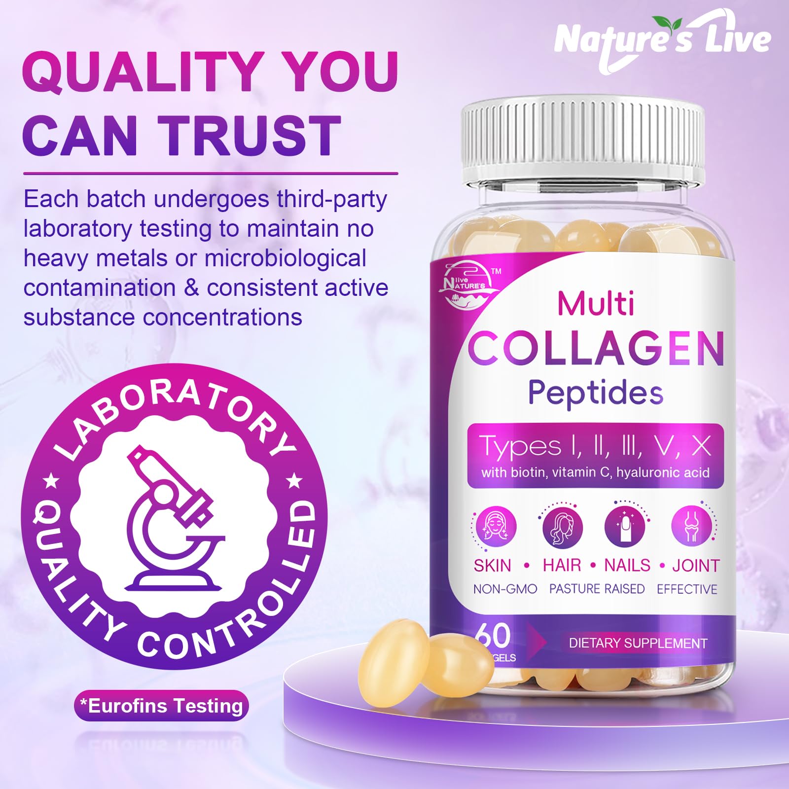 Nature's live Collagen Softgels in a hand for size comparison
