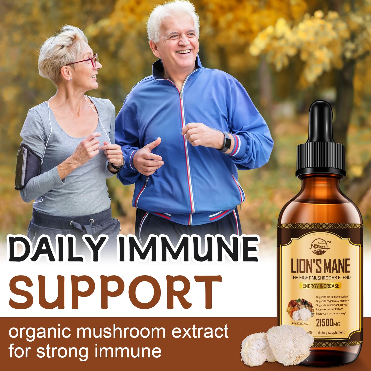 Nature's Live Mushroom Tincture 120ml packaging on a wooden surface