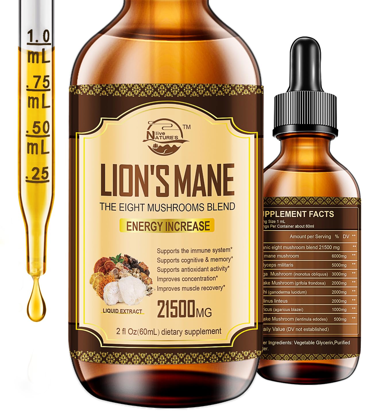 Nature's live Mushroom Tincture 60ml front view with dropper
