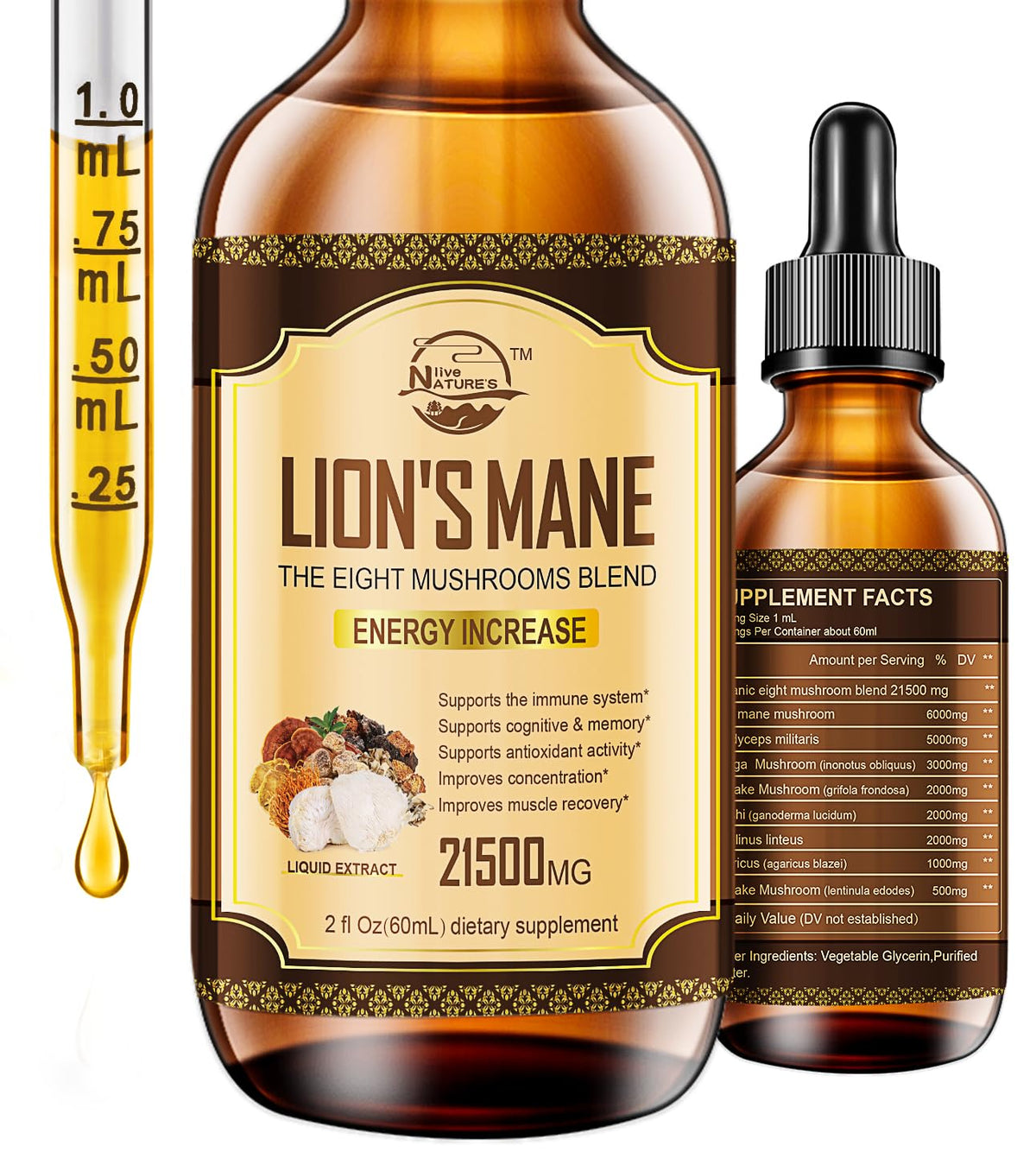 Nature's live Mushroom Tincture 60ml front view with dropper