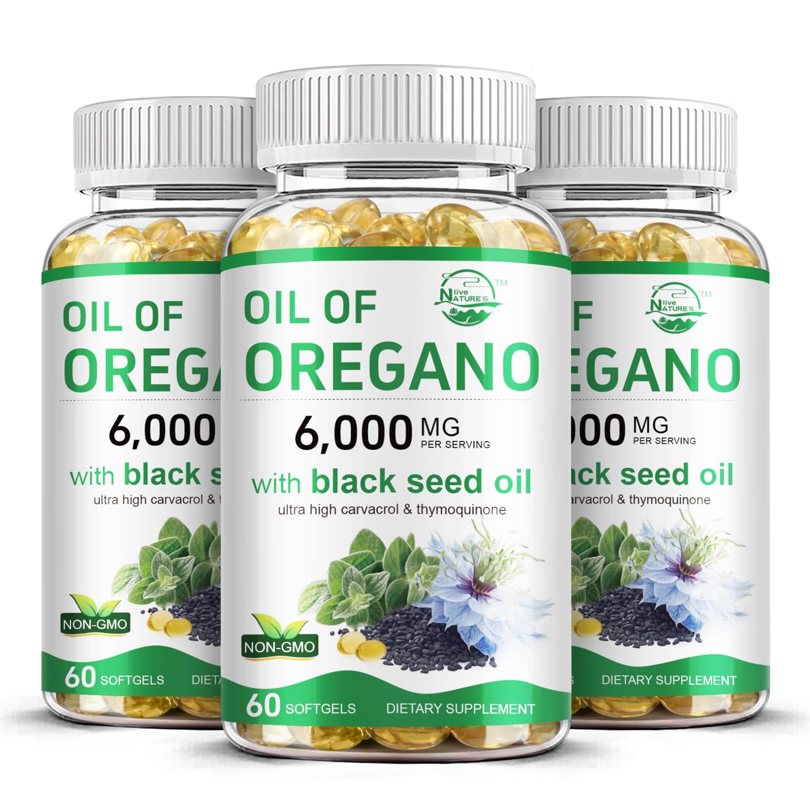 Nature's Live Oil of Oregano Softgels front view with bottle design