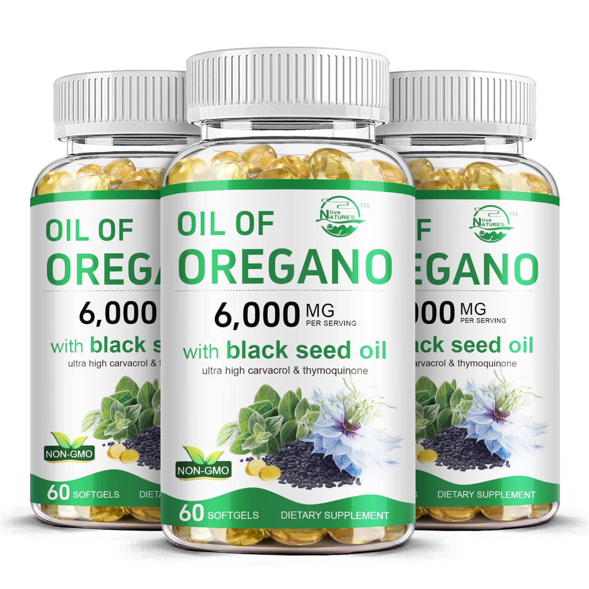 Nature's Live Oil of Oregano Softgels front view with bottle design