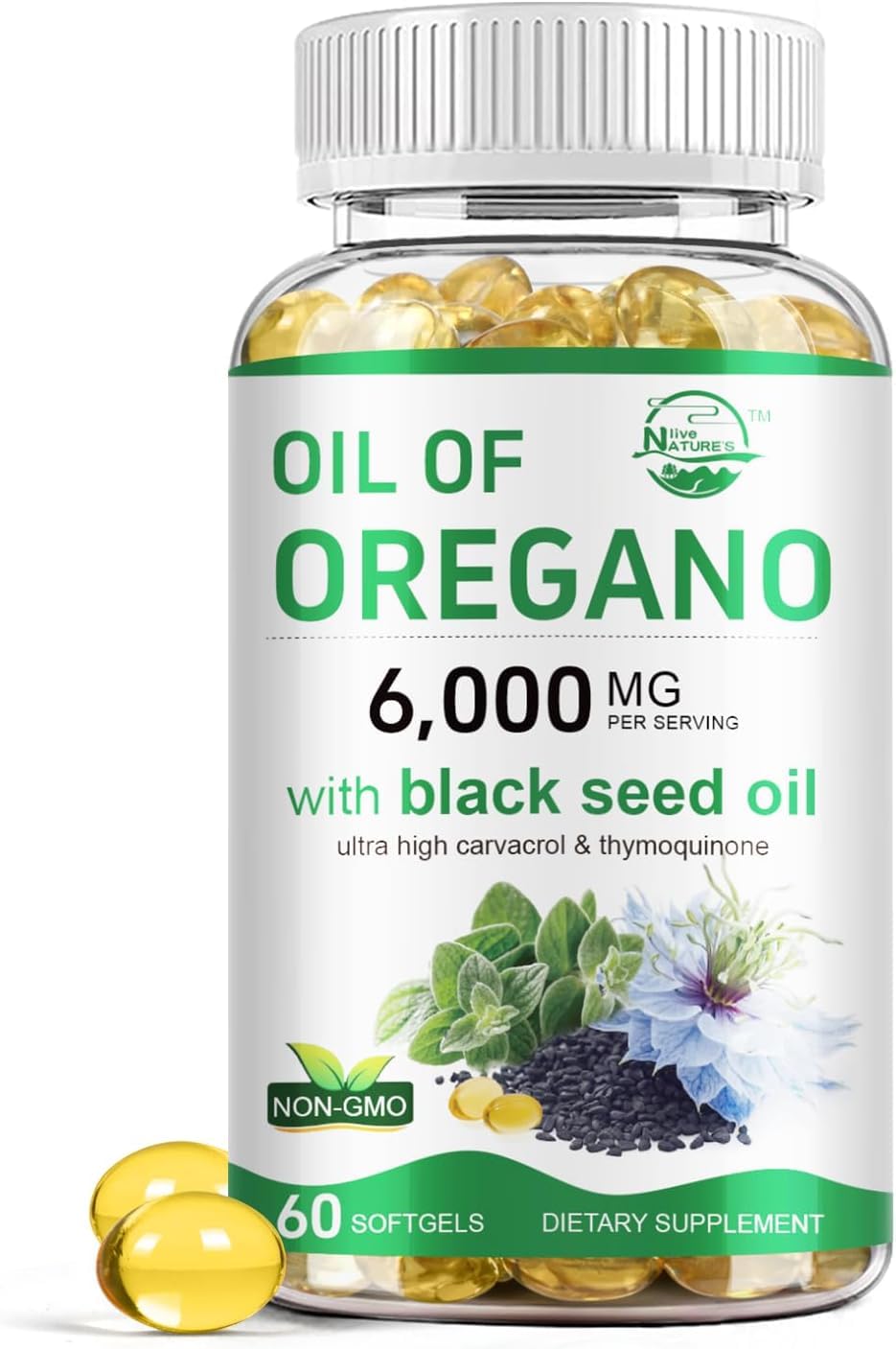 Nature's live Oil of Oregano Softgels front view with packaging