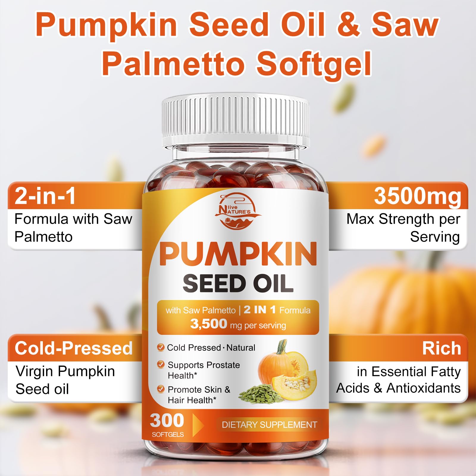Nature's live Pumpkin Seed Oil Softgels bottle side view