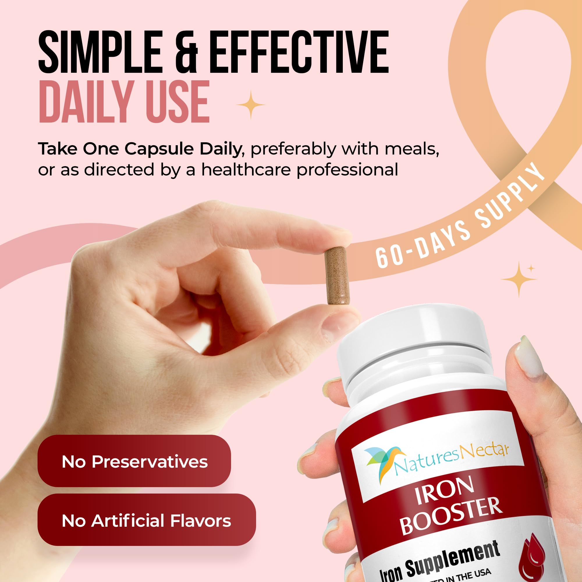 Nature's Nectar Iron Supplement 36g displayed on a wooden table