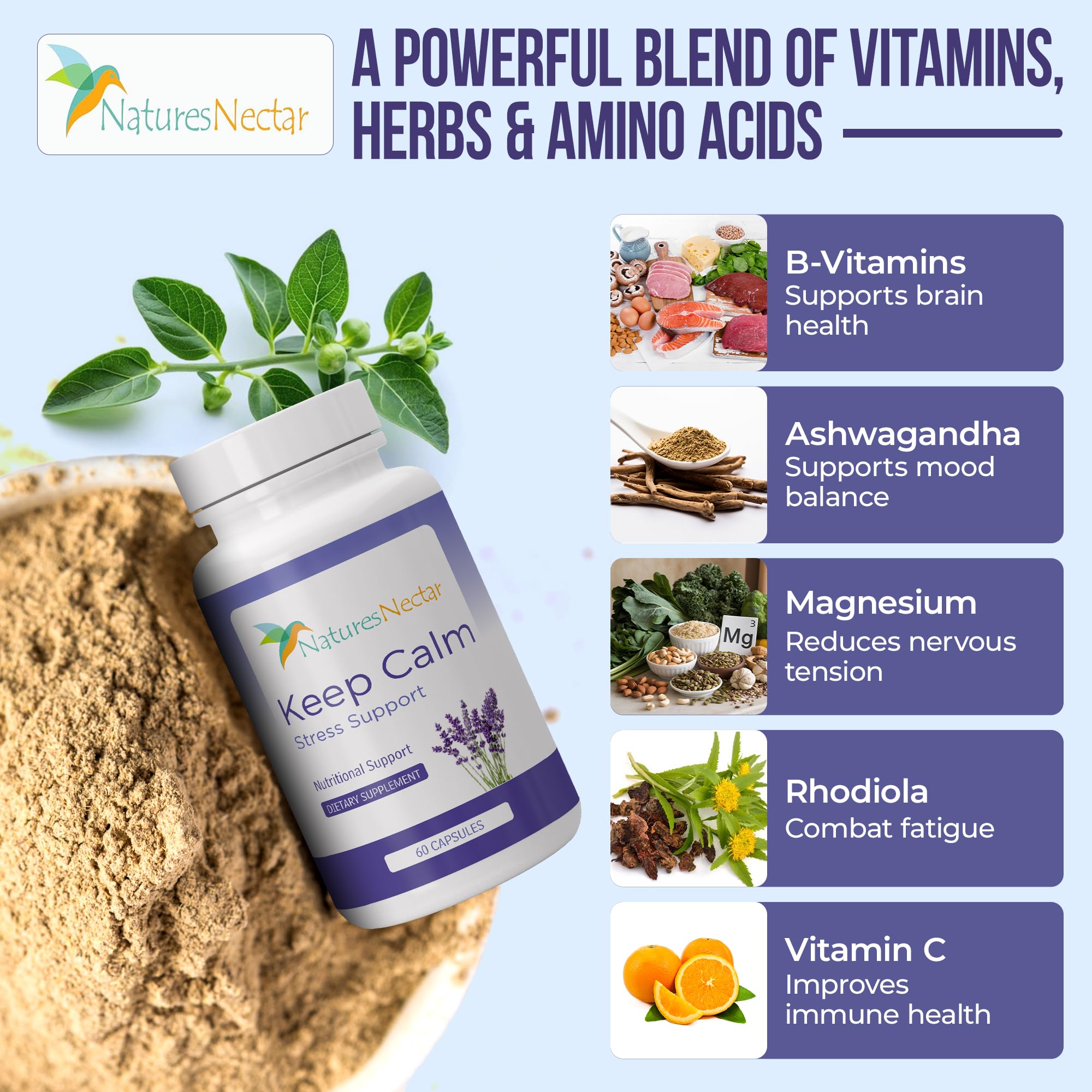Nature's Nectar Mood Support Capsules displayed on a wooden table