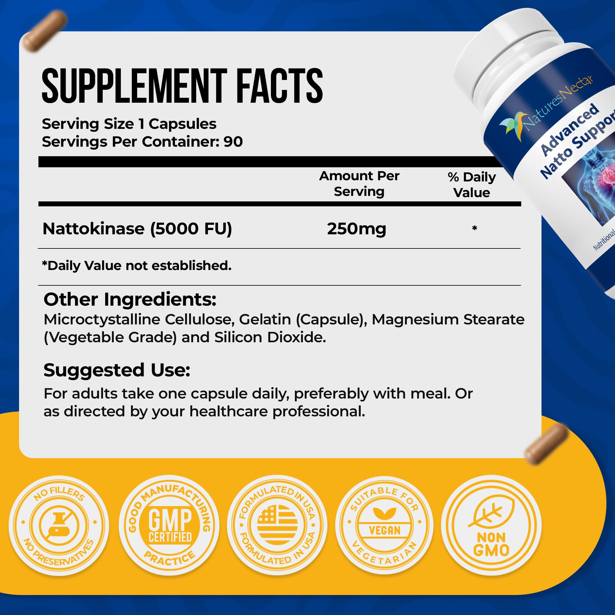 Nature's Nectar Nattokinase Supplement 250mg side view