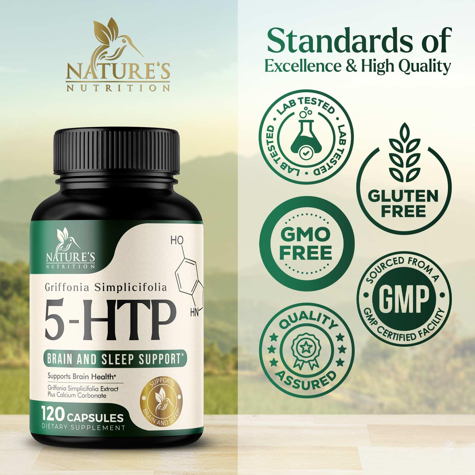 Nature's Nutrition 5-HTP Extra Strength 200mg capsules on a wooden table