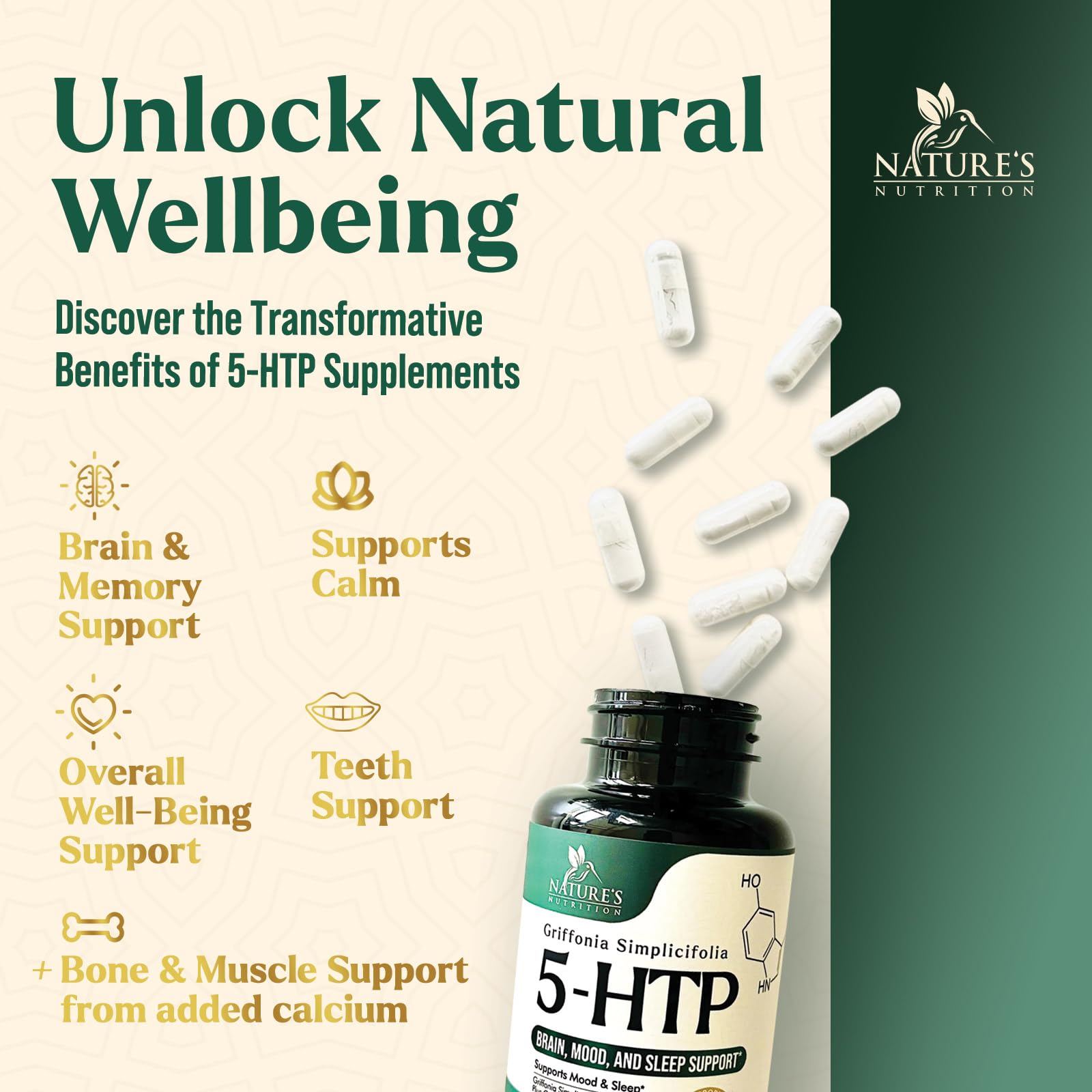 Nature's Nutrition 5-HTP Extra Strength 200mg capsules with ingredients list