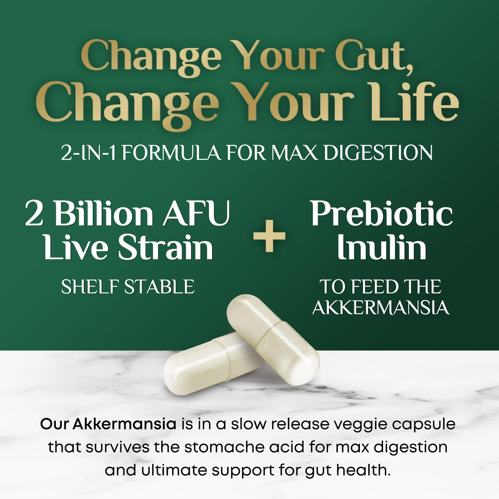 Nature's Nutrition Akkermansia Probiotic Supplement capsule close-up