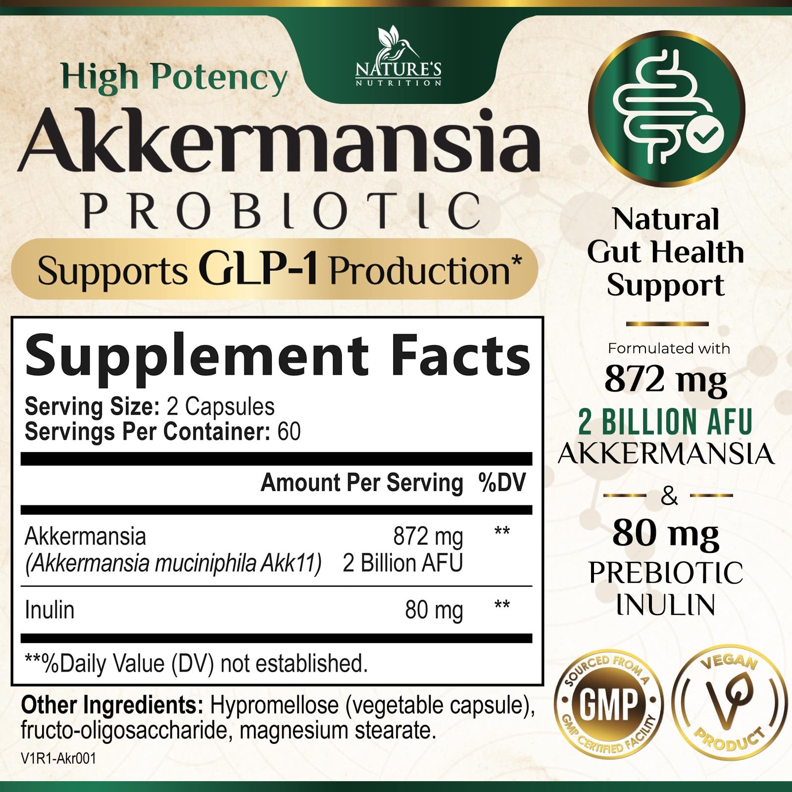 Nature's Nutrition Akkermansia Probiotic Supplement side view