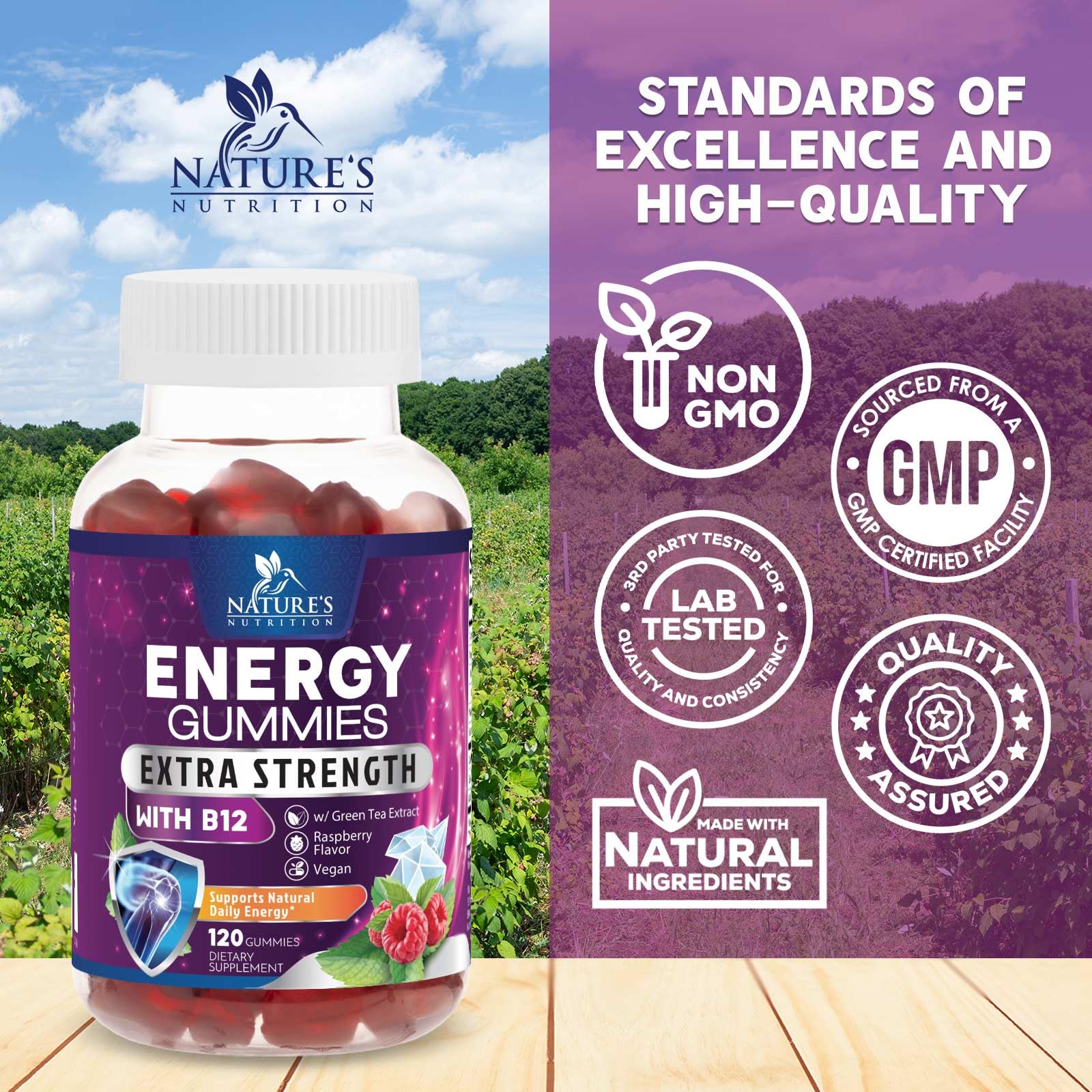 Nature's Nutrition B12 Energy Gummies in a hand for size comparison