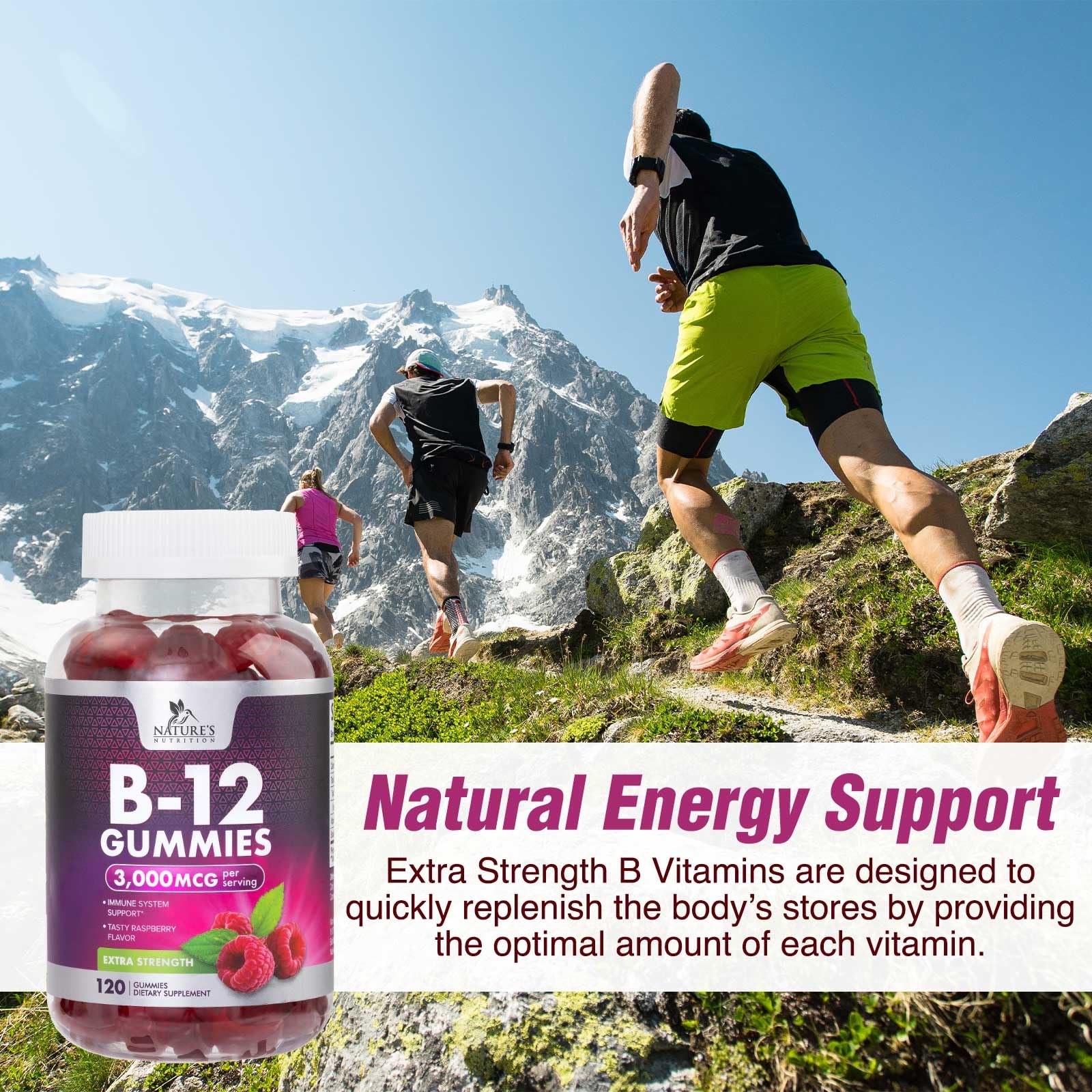 Nature's Nutrition B12 Gummies with fresh raspberries